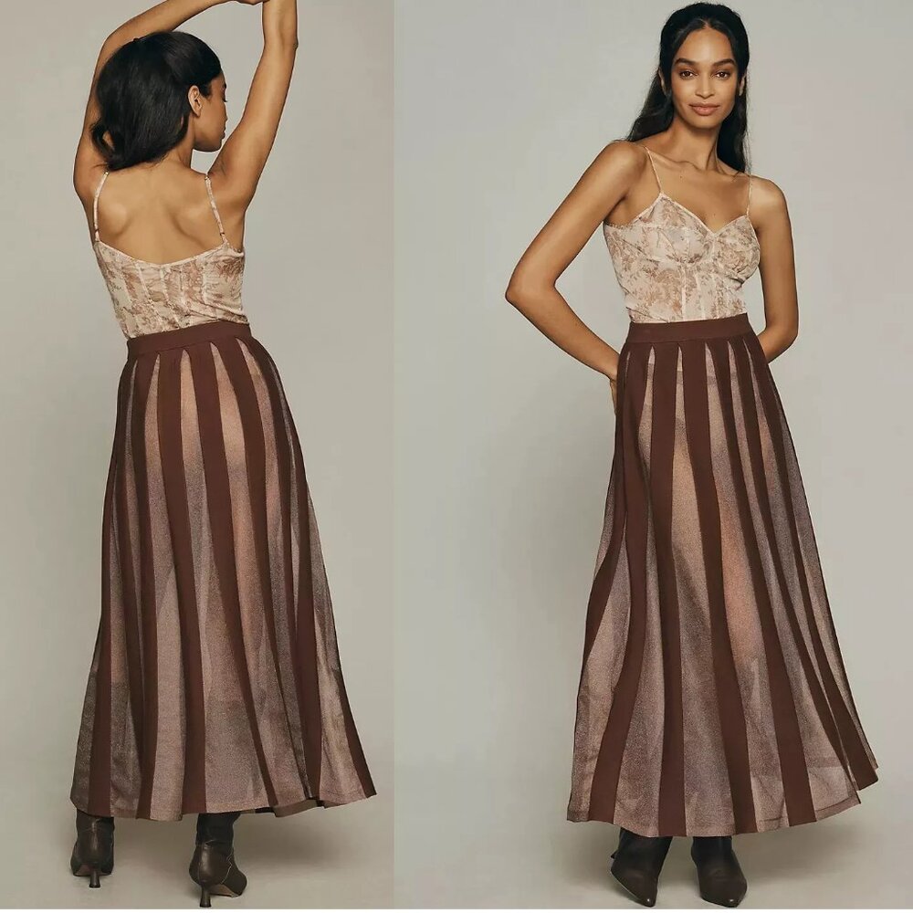 NWT NEW By Anthropologie Sheer Pleated Maxi Skirt size 3x brown color - Picture 2 of 5